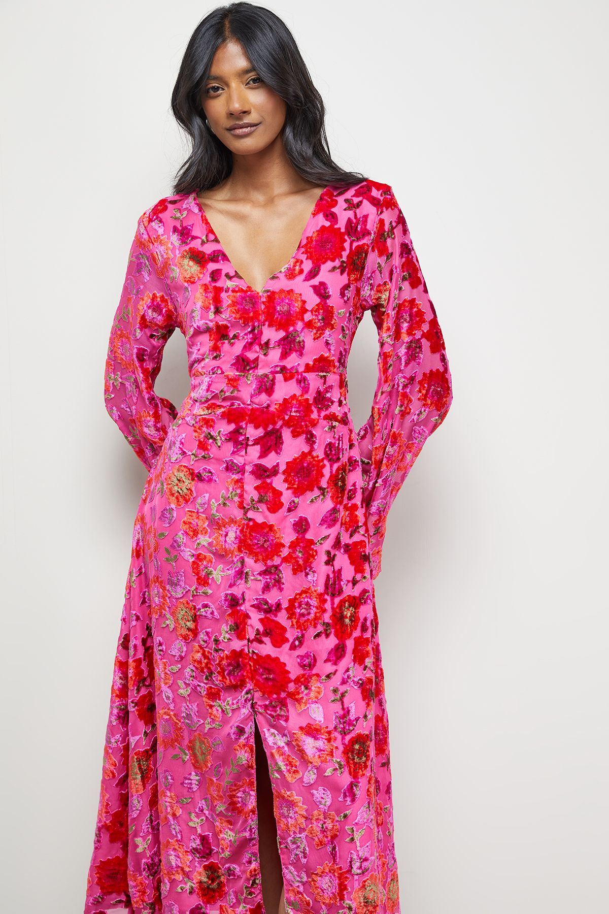 Warehouse Devore Plunge Neck Waisted Midi Dress Pink image 4