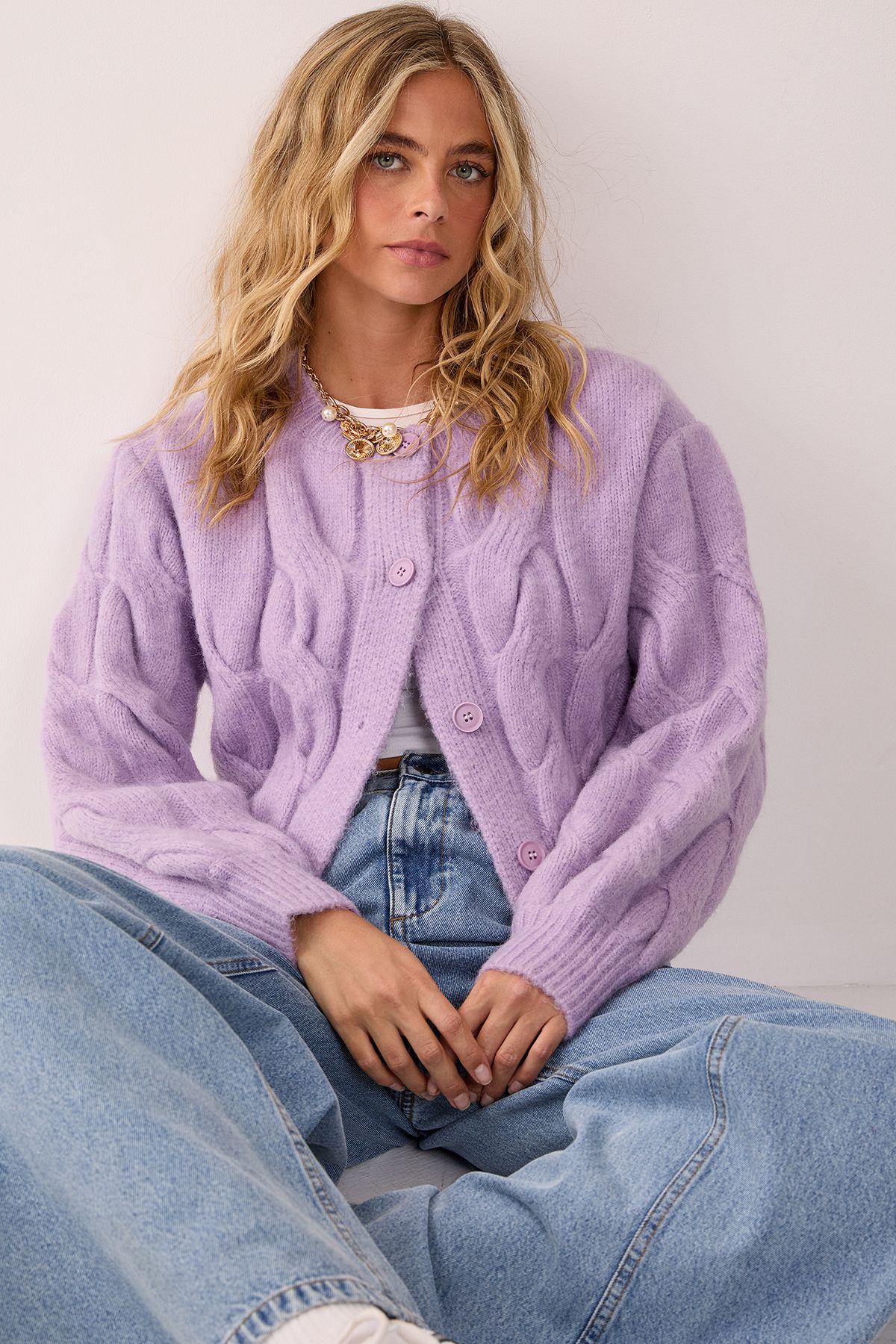 NastyGal Cable Boxy Button Through Cardigan Lilac image 1