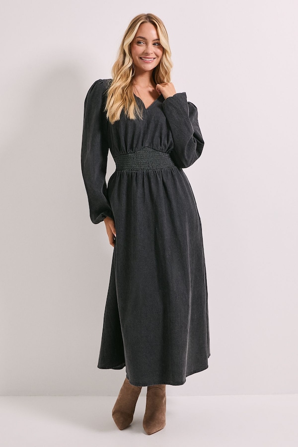 Dorothy Perkins Shirred Waist Long Sleeve Denim Midi Dress Dark Grey