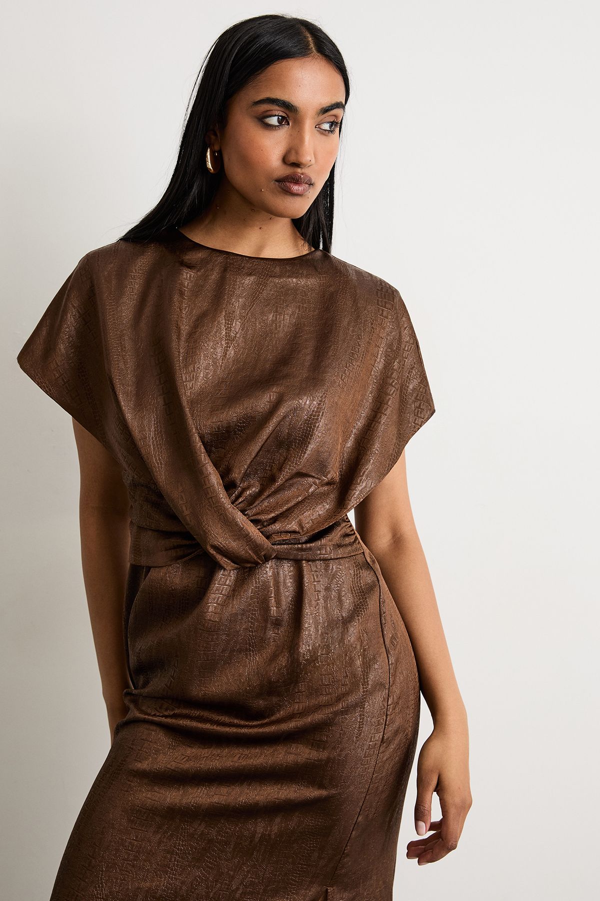 Warehouse Leather Look Satin Twist Front Detail Midi Dress Chocolate image 2