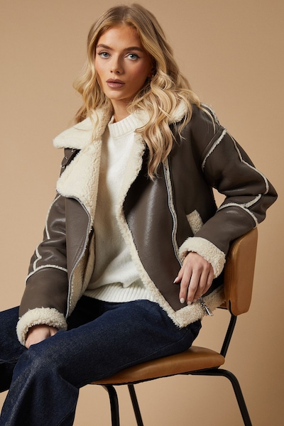 Oasis PU Borg Detail Collared Zip Jacket Chocolate