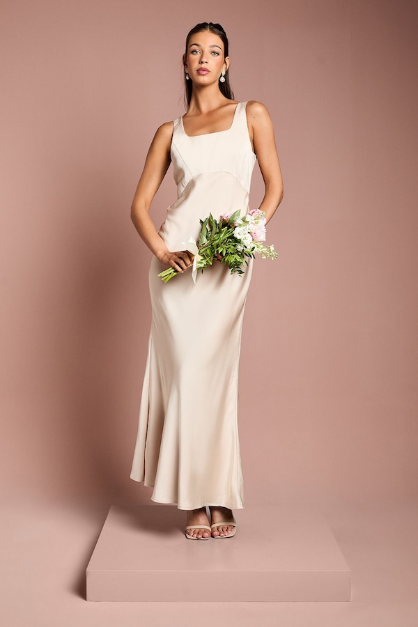 Coast Square Neck Satin and Crepe Bridesmaid Dress with Bow Back Champagne