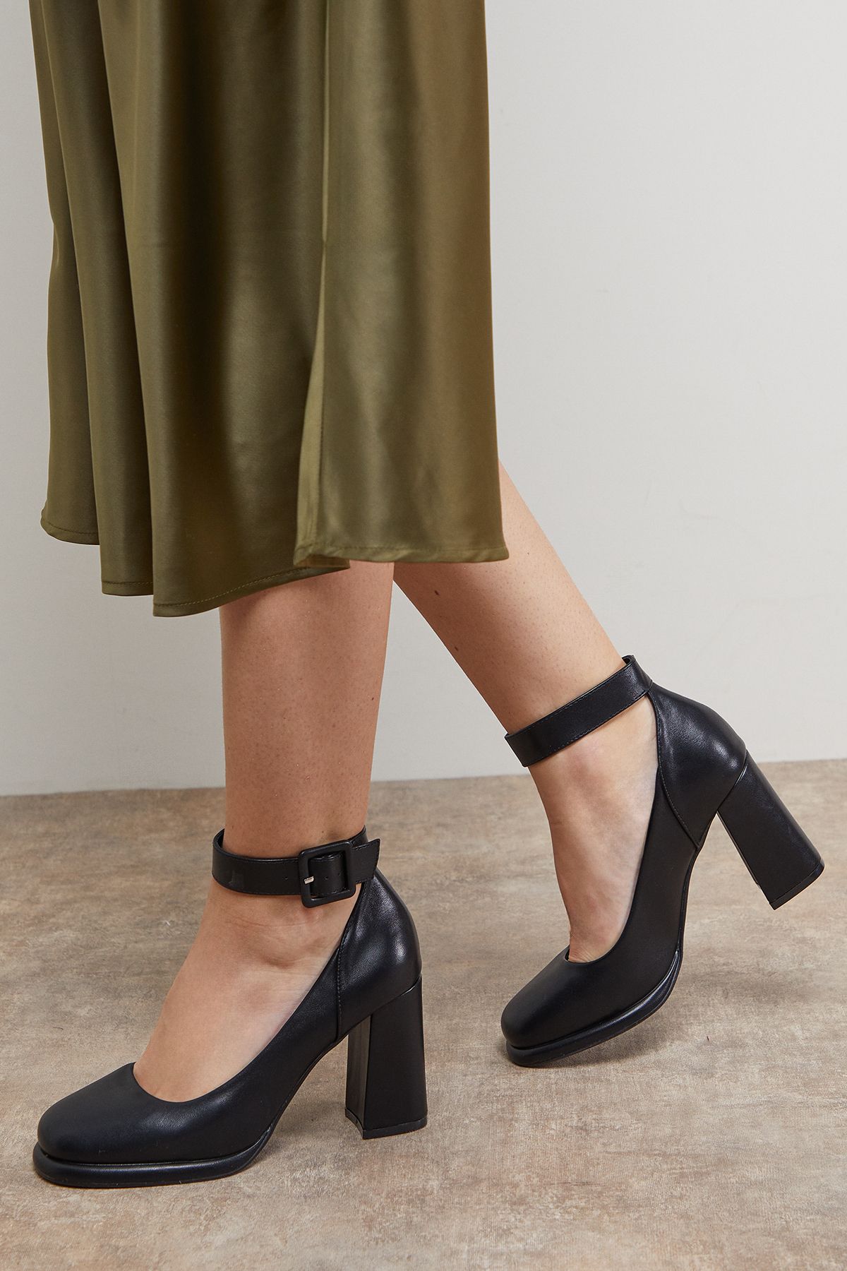 Oasis Celine Faux Leather Covered Buckle High Block Heel Platform Court Shoes Black image 2