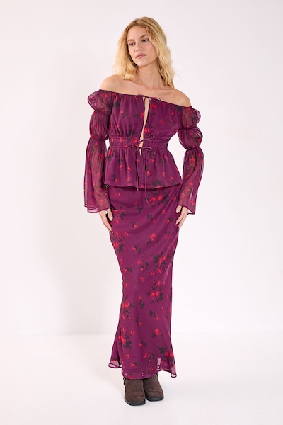 NastyGal Floral Chiffon Bias Maxi Skirt Wine