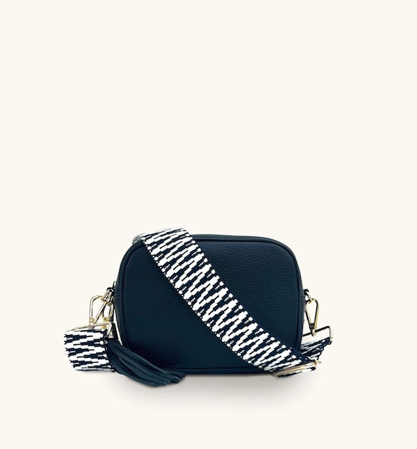 Apatchy London Navy Leather Crossbody Bag With Navy & White ZigZag Strap