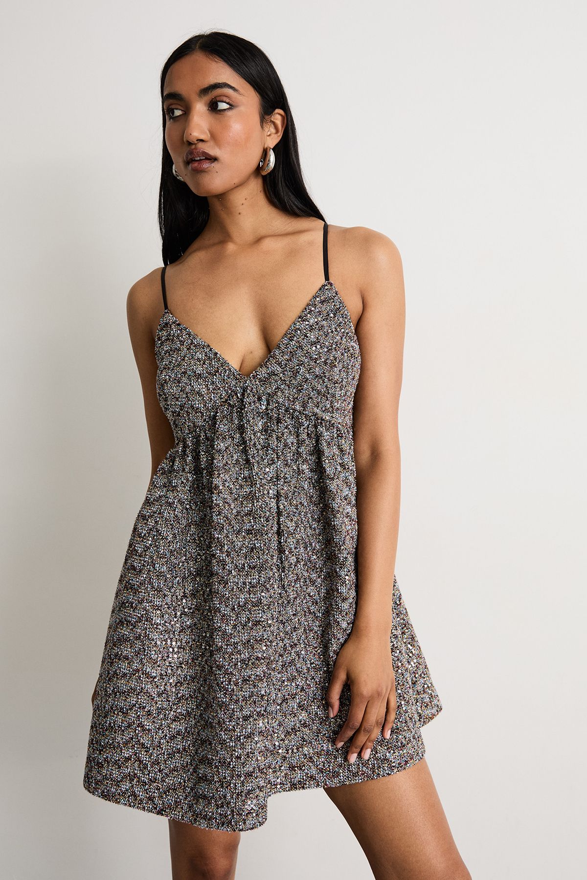 Warehouse Metallic Jacquard Babydoll Dress Multi image 2