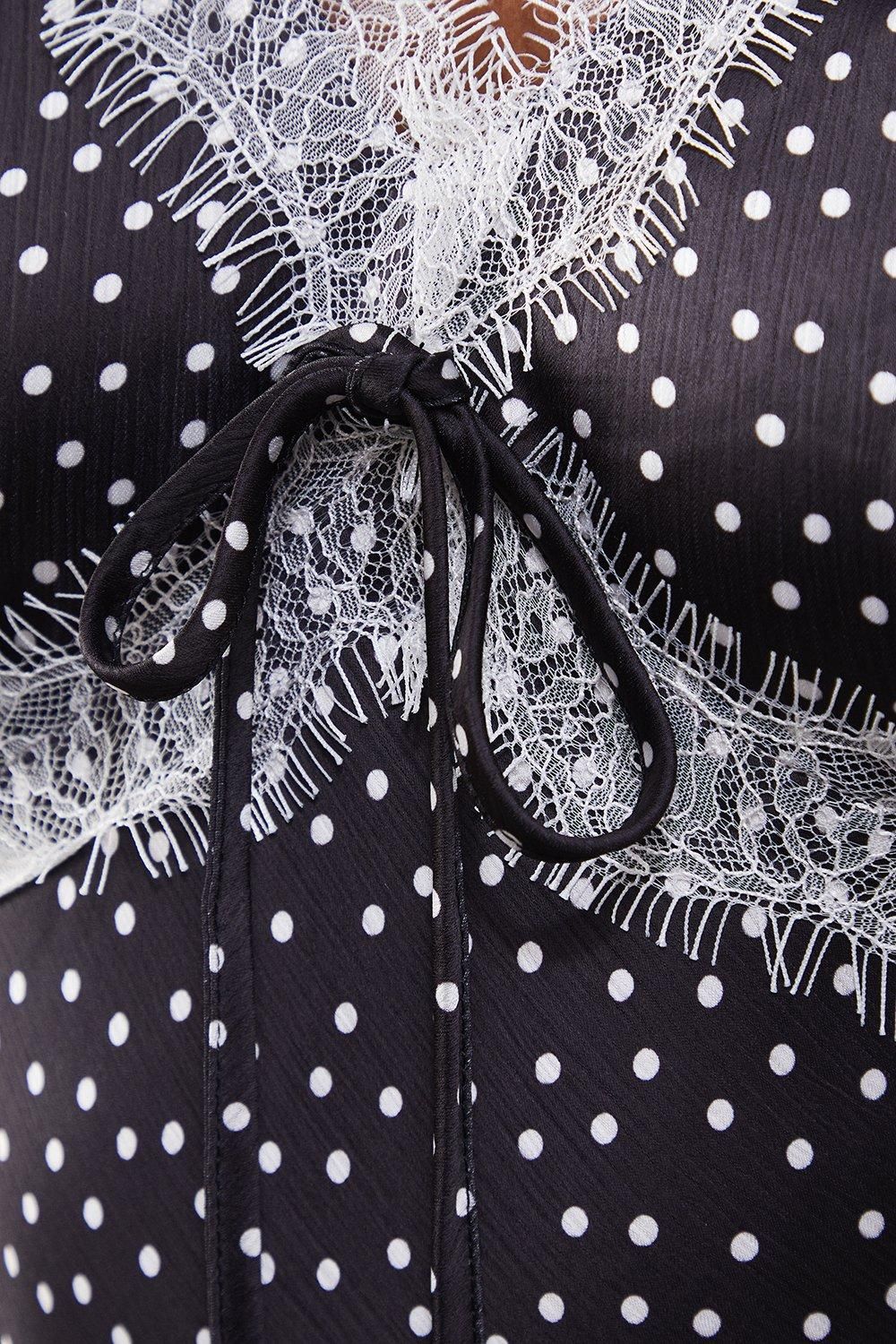 Warehouse Spot Satin Lace Trim Midaxi Tea Dress Mono image 5