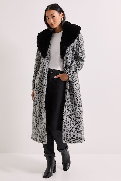 Dorothy Perkins Petite Animal Printed Belted Coat Grey