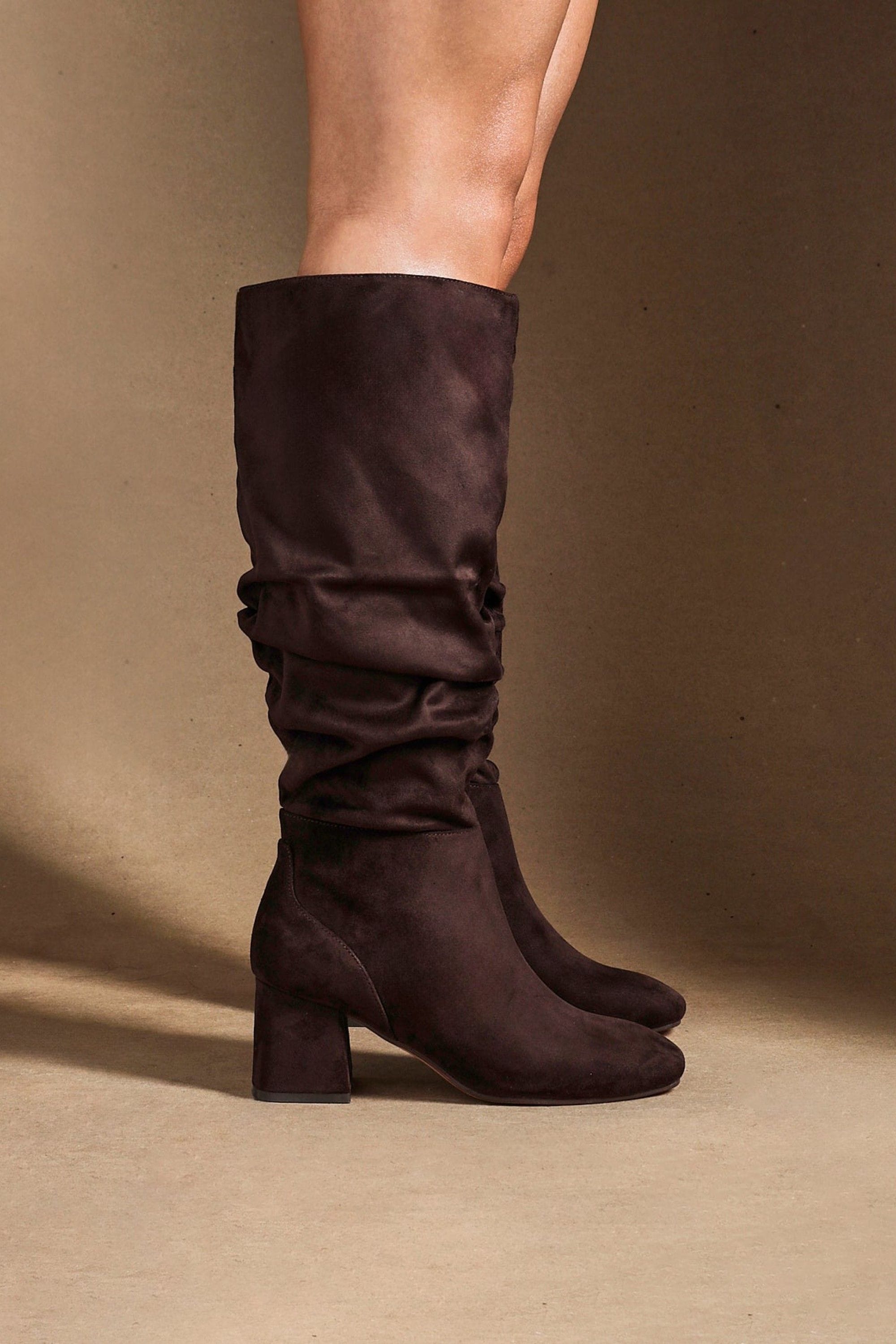 Linzi Inferno Wide Fit Brown Faux Suede Ruched Long Heeled Boot image 6