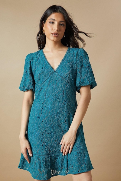 Oasis Lace Puff Sleeve Mini Dress Green