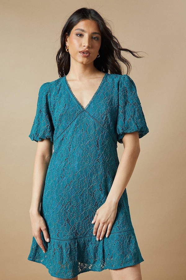 Oasis Lace Puff Sleeve Mini Dress Green