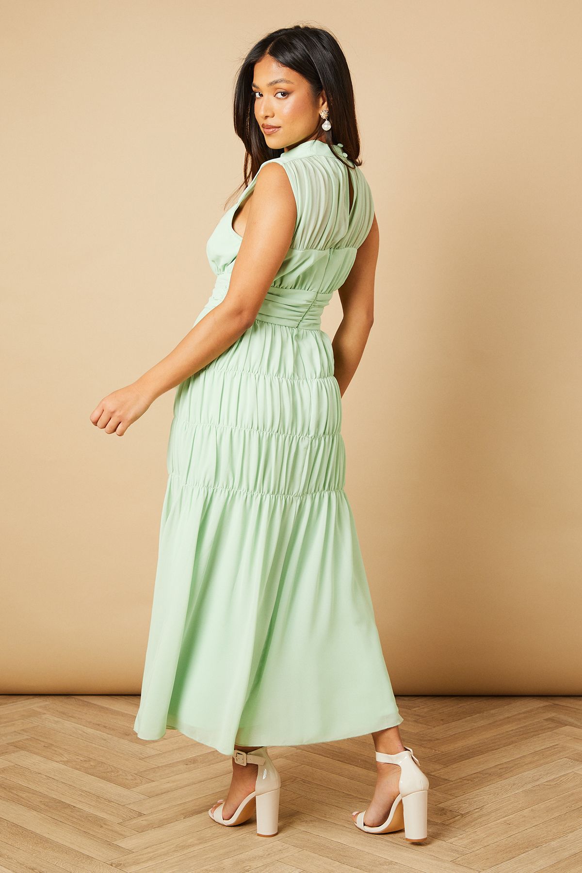 Oasis Petite Gathered High Neck Chiffon Midi Dress Aqua image 4