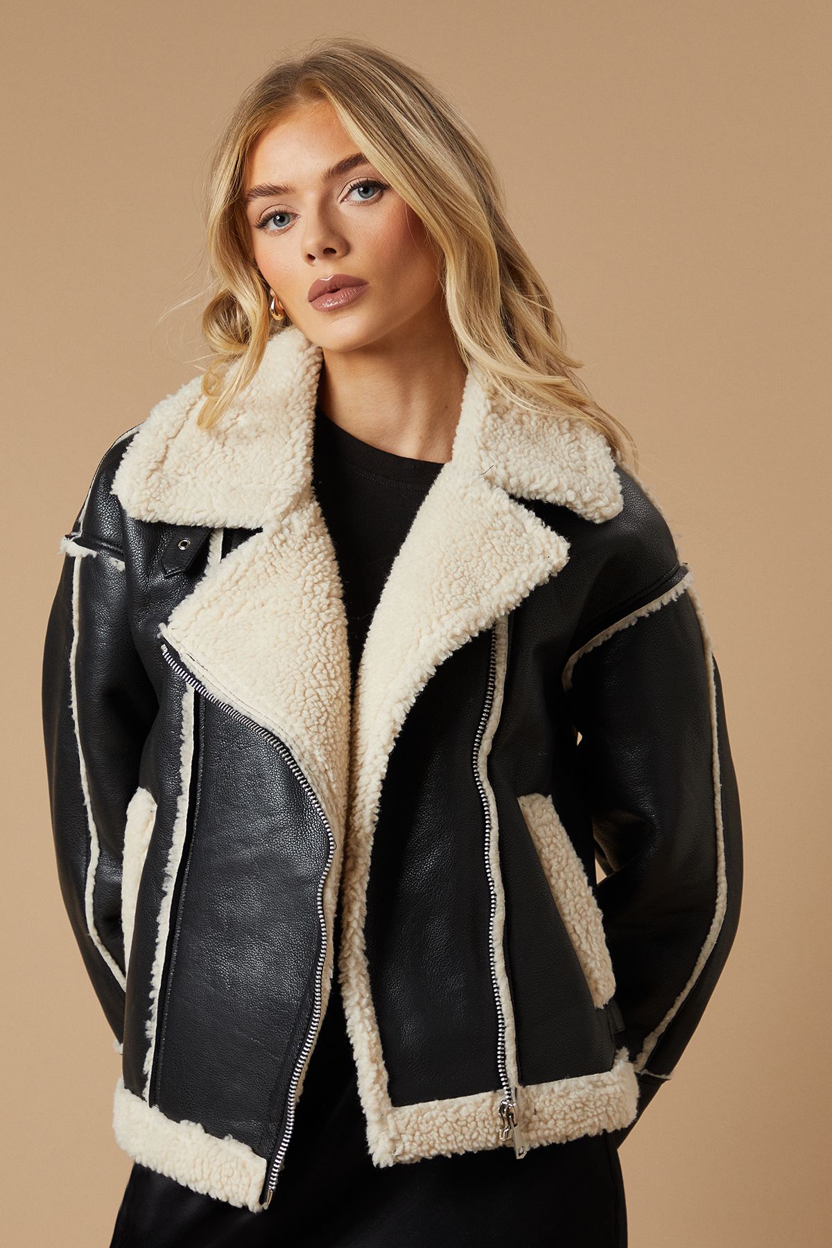 Oasis PU Borg Detail Collared Zip Jacket Black image 2