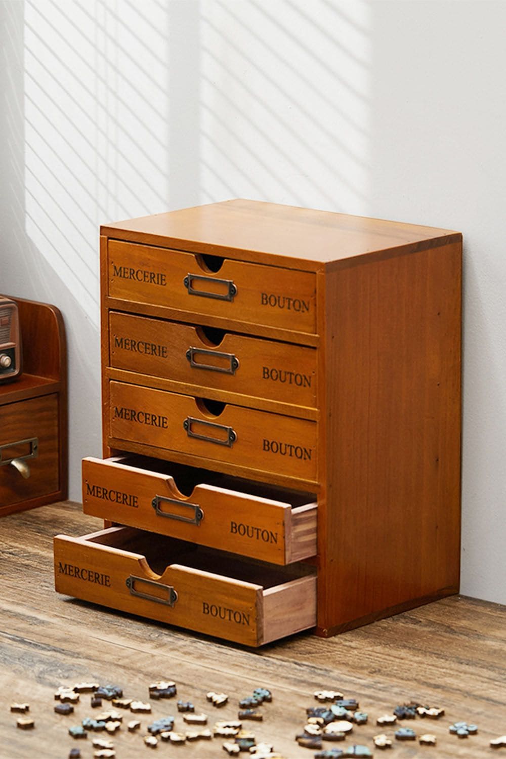 Living and Home Vintage Wooden Storage Box Brown Home Office Desk Organizer With 5 Drawers image 1