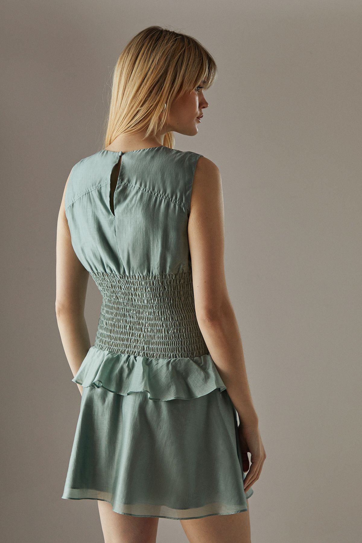 Warehouse Organza Shirred Waist Sleeveless Mini Dress True Blue image 3