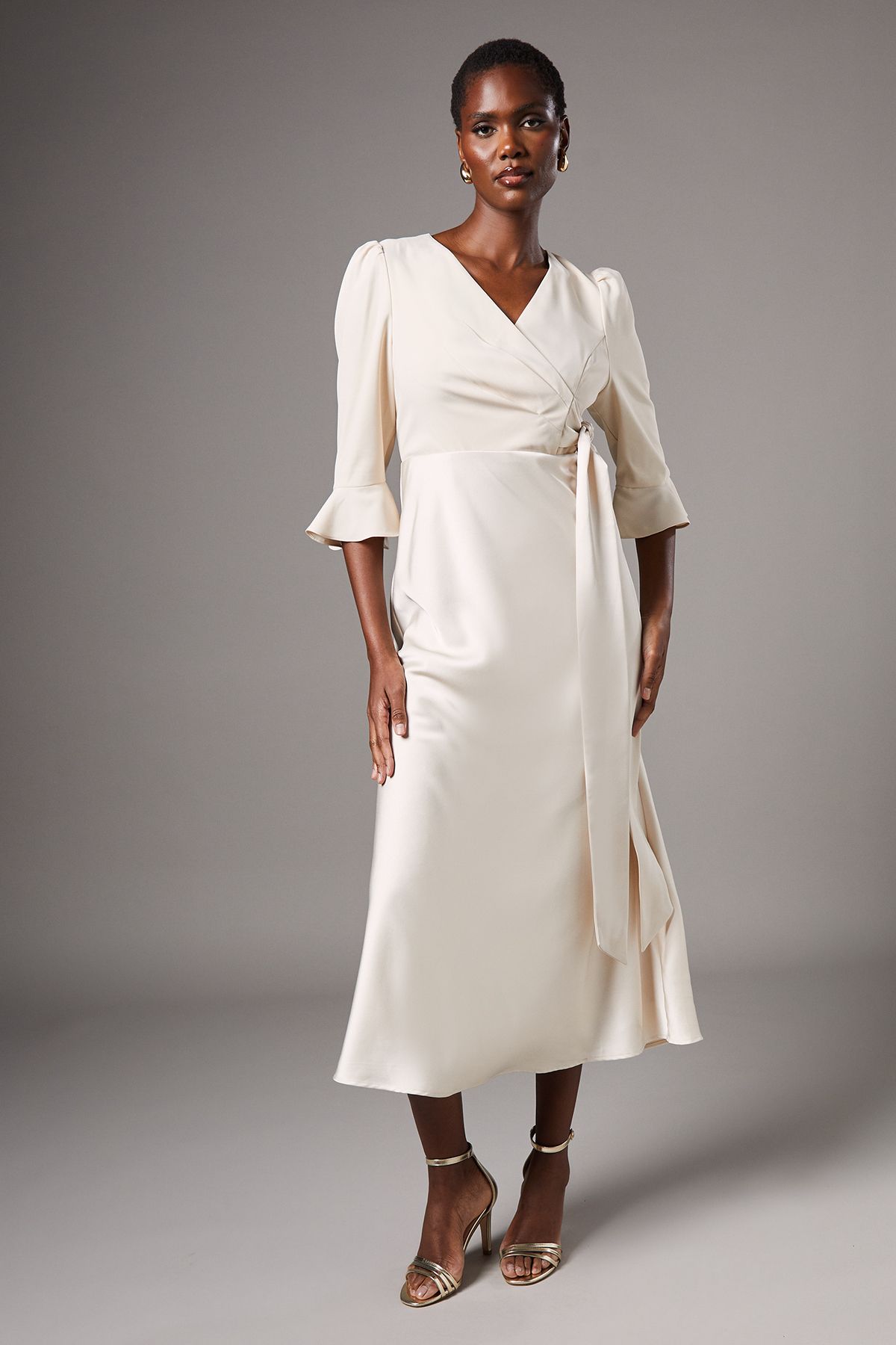 Coast Ruffle Sleeve Satin Back Crepe Wrap Dress Champagne