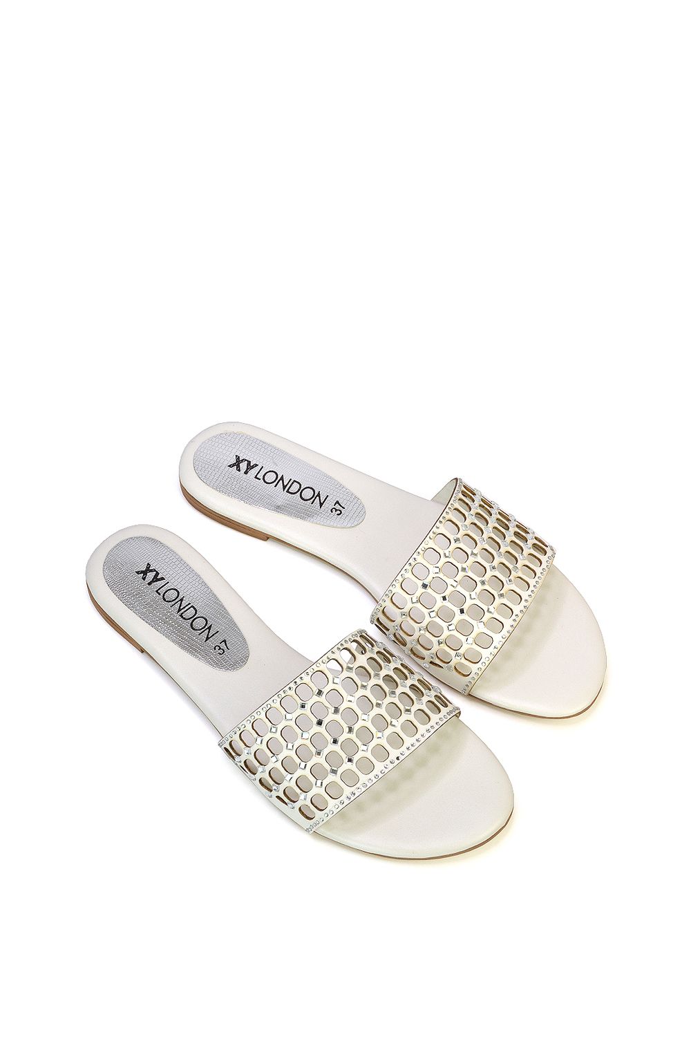 XY London 'Abbie' Mesh Strappy Diamante Slip On Flat Sandals Sliders image 2