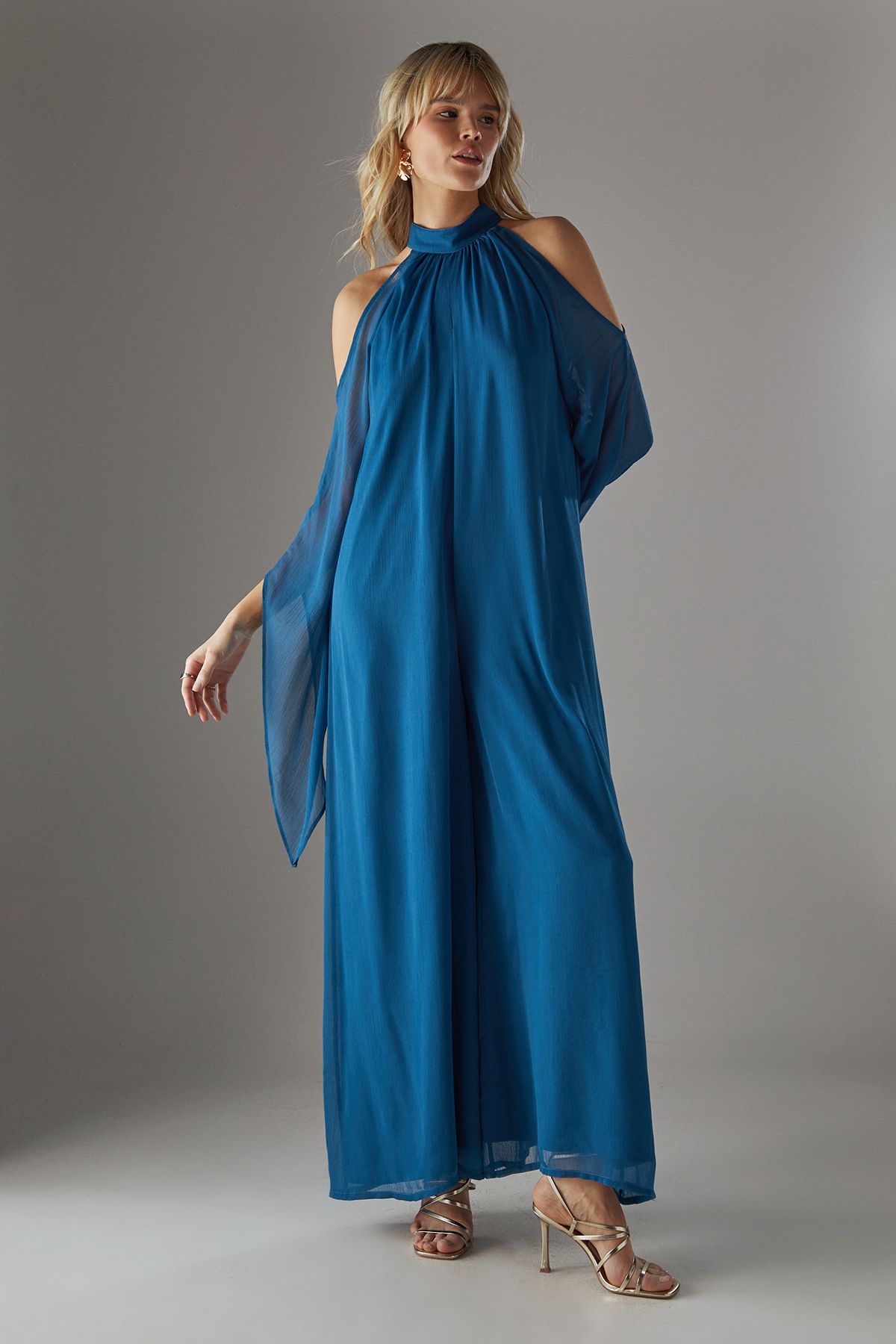 Warehouse Bohemian Halter Cold Shoulder Flared Sleeve Jumpsuit Teal