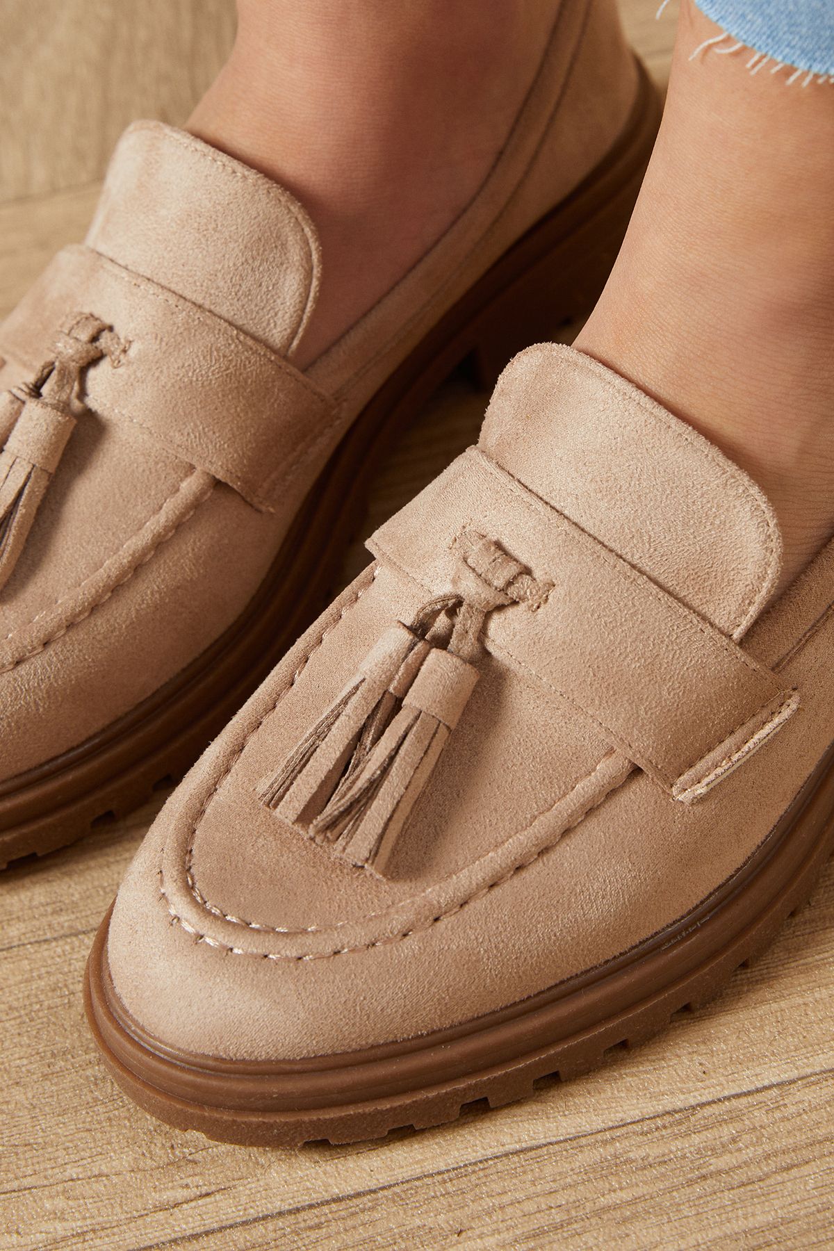 Oasis Barnie Faux Suede Tassel Chunky Loafers Beige image 4