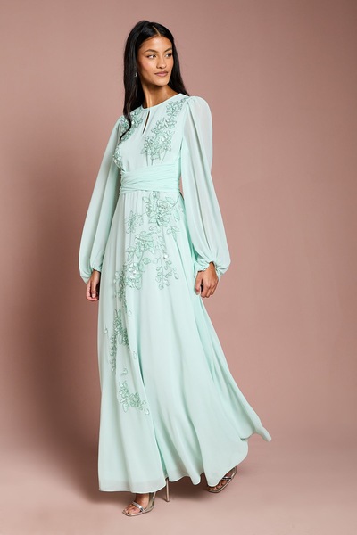 Coast Petite Long Sleeve Wrap Waist Embellished Floral Maxi Dress Mint