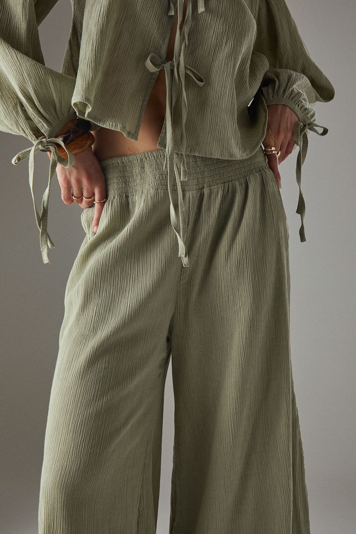 Warehouse Cheesecloth Shirred Waist Wide Leg Trousers Khaki image 3
