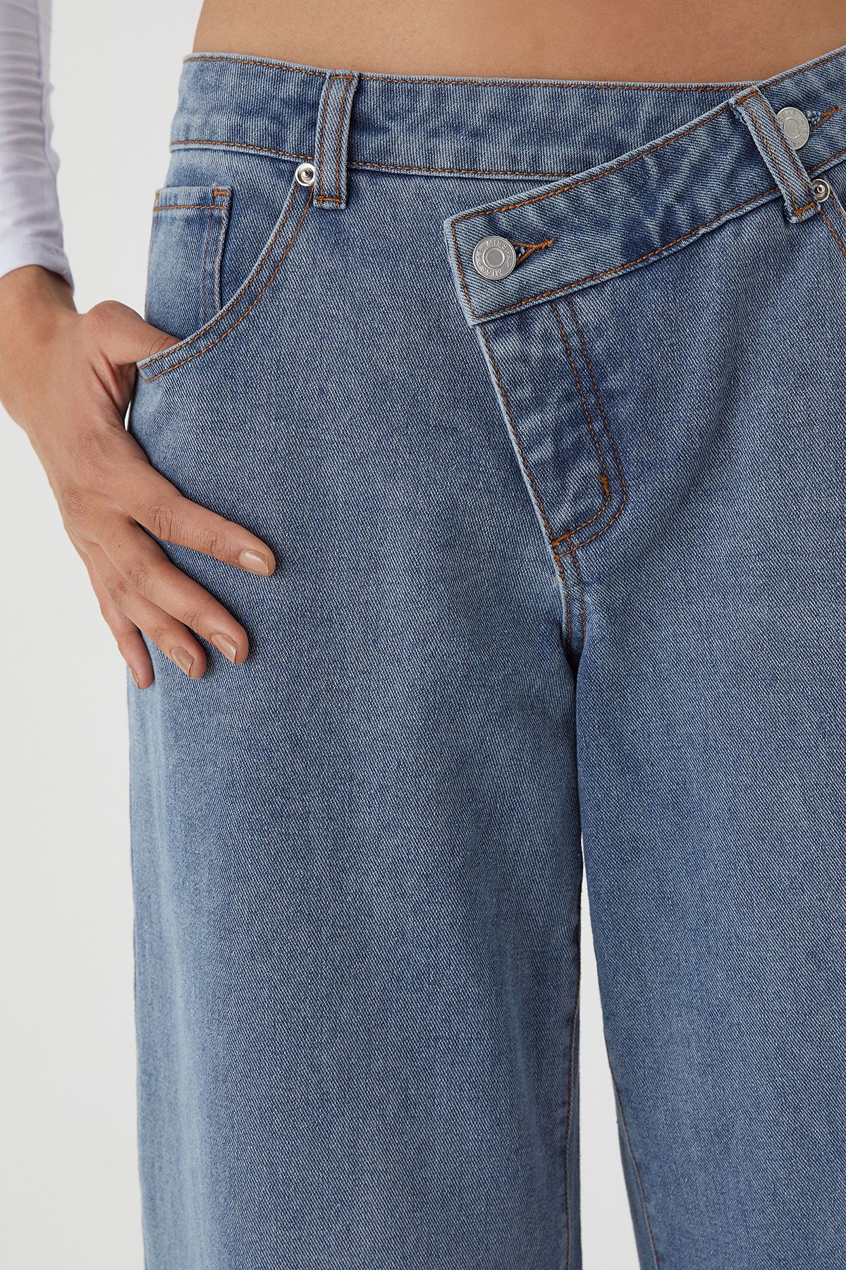 MissPap Asymmetric Wide Leg Washed Denim Jeans Mid Wash image 5