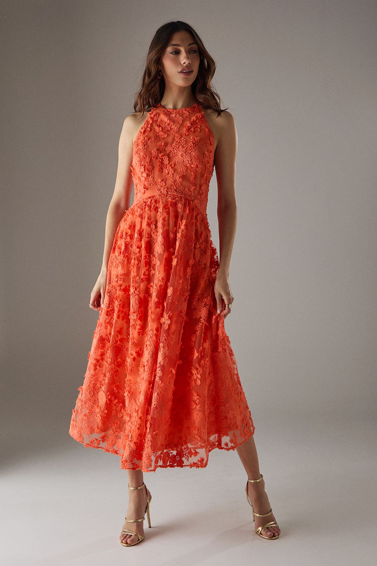 Warehouse 3D Embroidered Halter Open Back Midi Dress Orange image 1