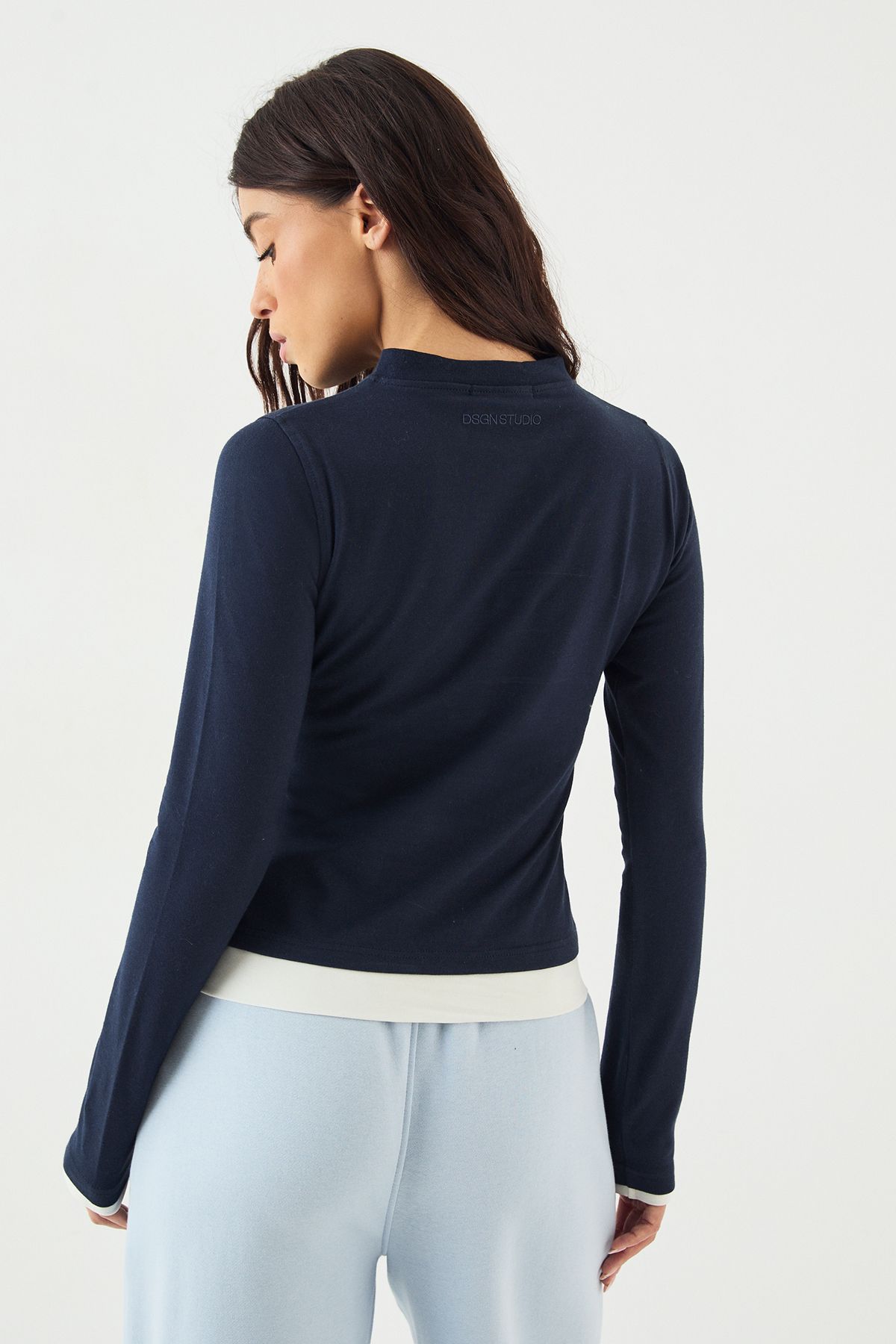 DSGN Studio DSGN Studio Contrast Button Detail Long Sleeve Top Navy image 2