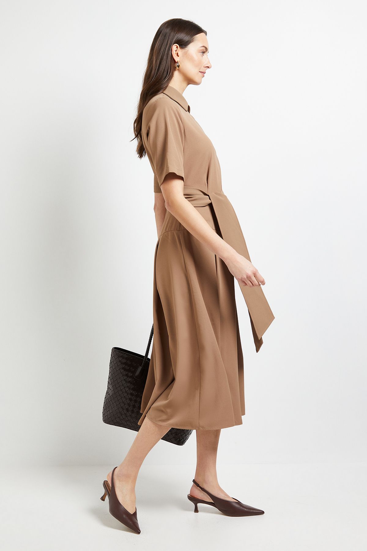 Principles Short Sleeve Collared Tie Waist Midi Dress Camel image 4