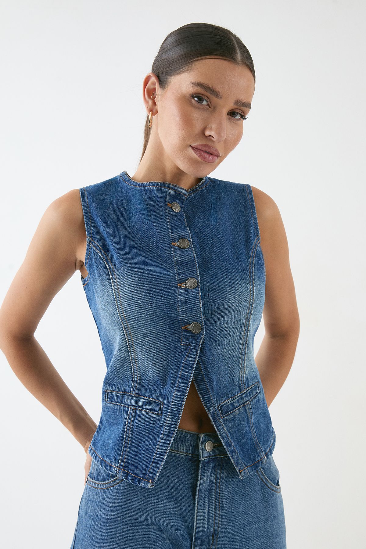 MissPap Button Down Longline Denim Waistcoat Mid Wash image 1