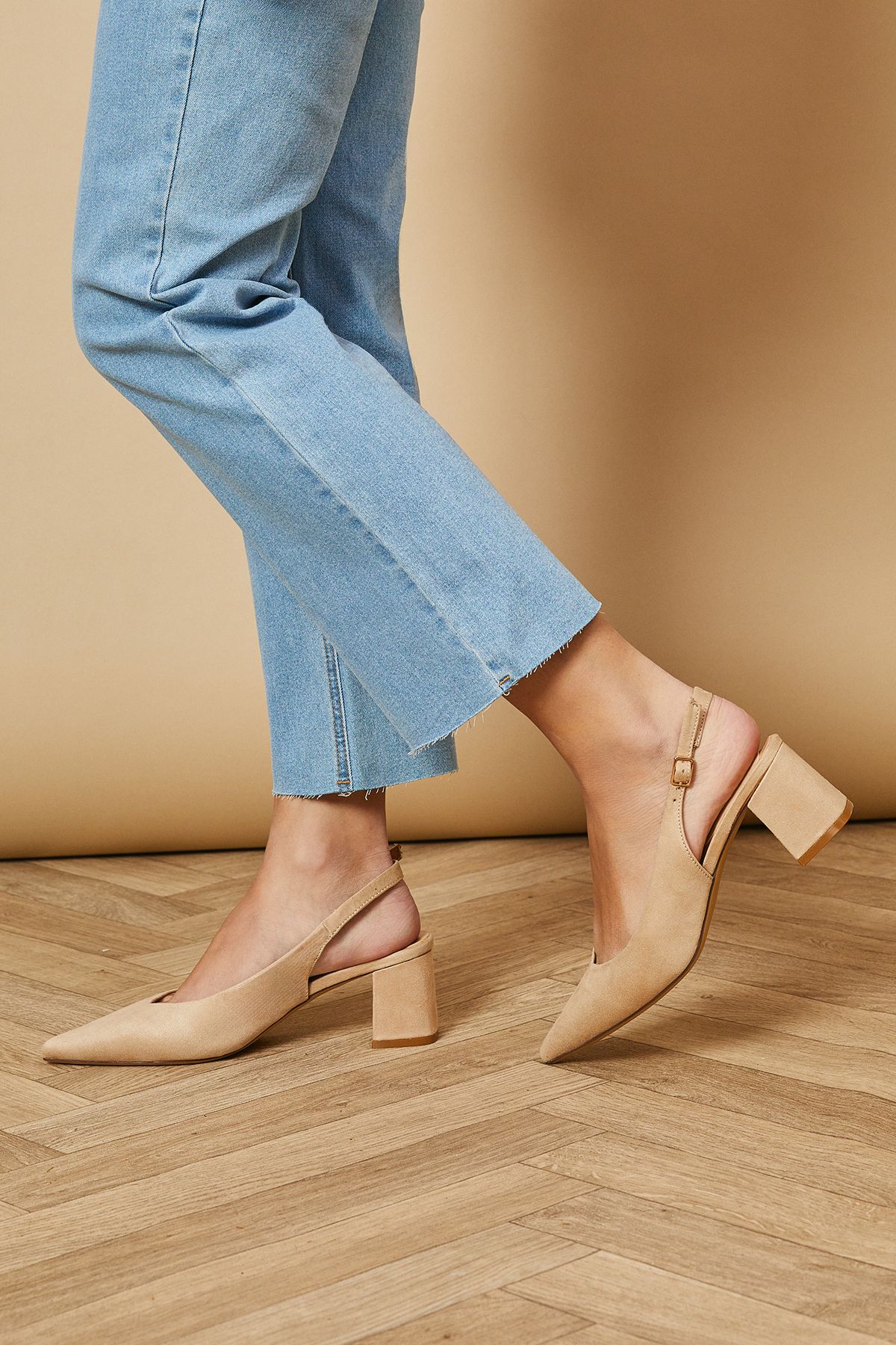 Oasis Enrya Faux Suede Slingback Low Block Heel Shoes Beige image 1