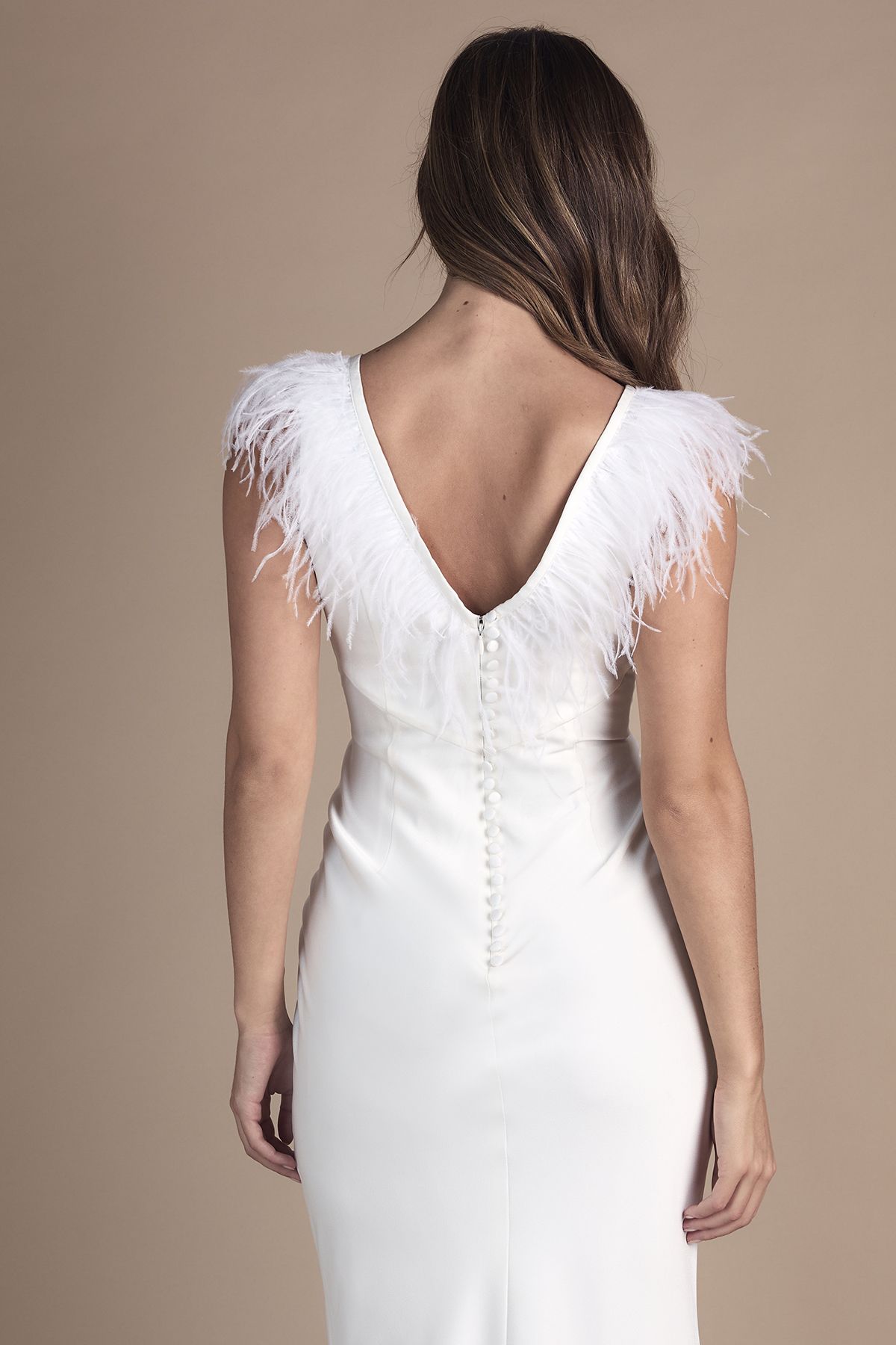 Coast Feather Shoulder Detail V Neck Satin Wedding Dress Ivory image 2