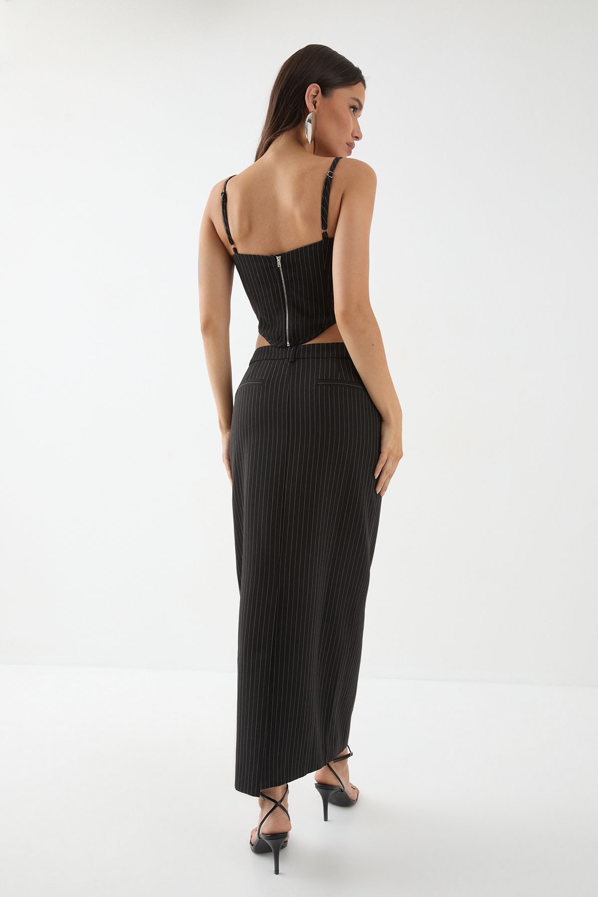 MissPap Pinstripe Tailored Maxi Skirt Black image 3