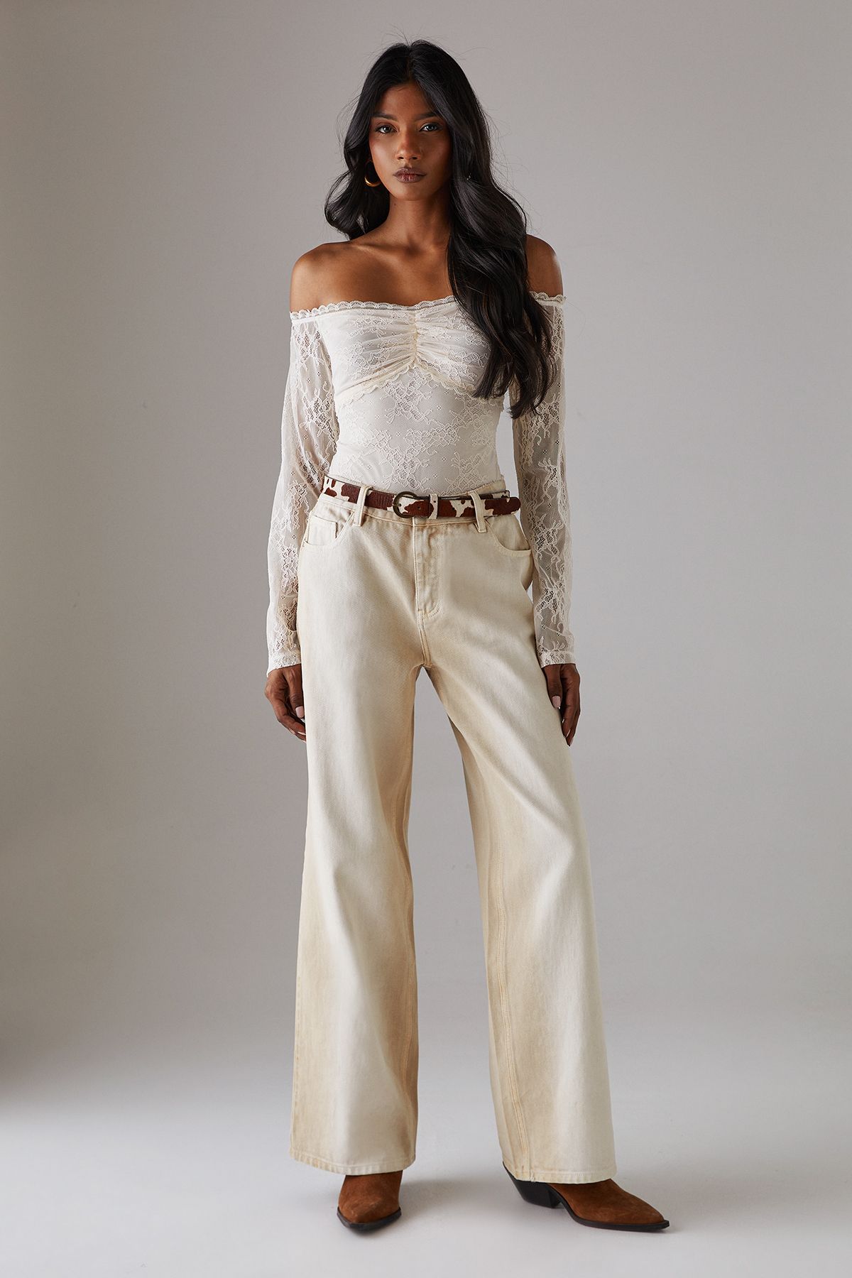 Warehouse Lace Bardot Bow Detail Bodysuit Cream image 4