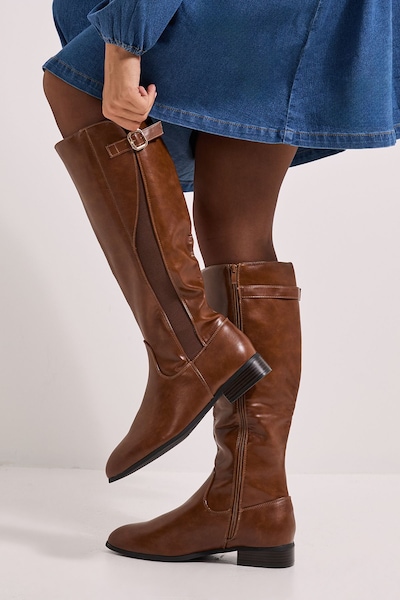 Dorothy Perkins Kamille Faux Leather Elastic Knee High Riding Boots Dark Tan