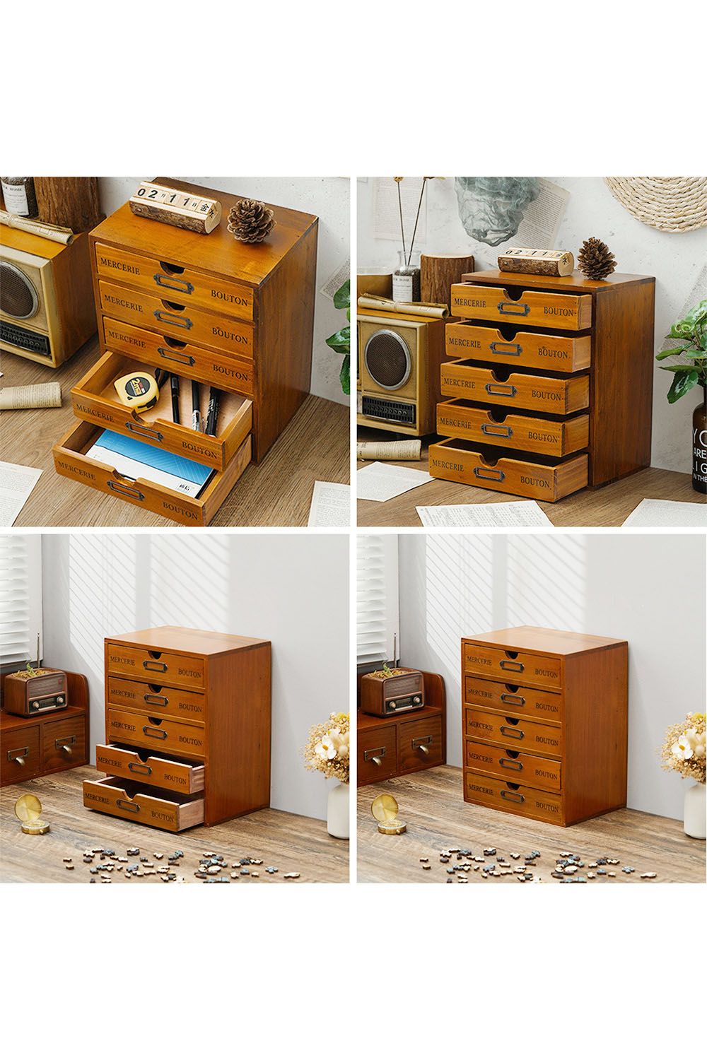 Living and Home Vintage Wooden Storage Box Brown Home Office Desk Organizer With 5 Drawers image 5
