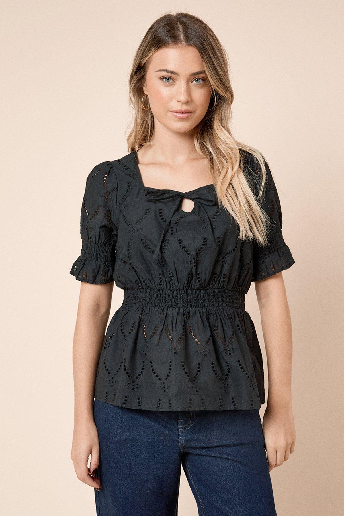 Dorothy Perkins Broderie Shirred Hem Tie Front Top Black image 1