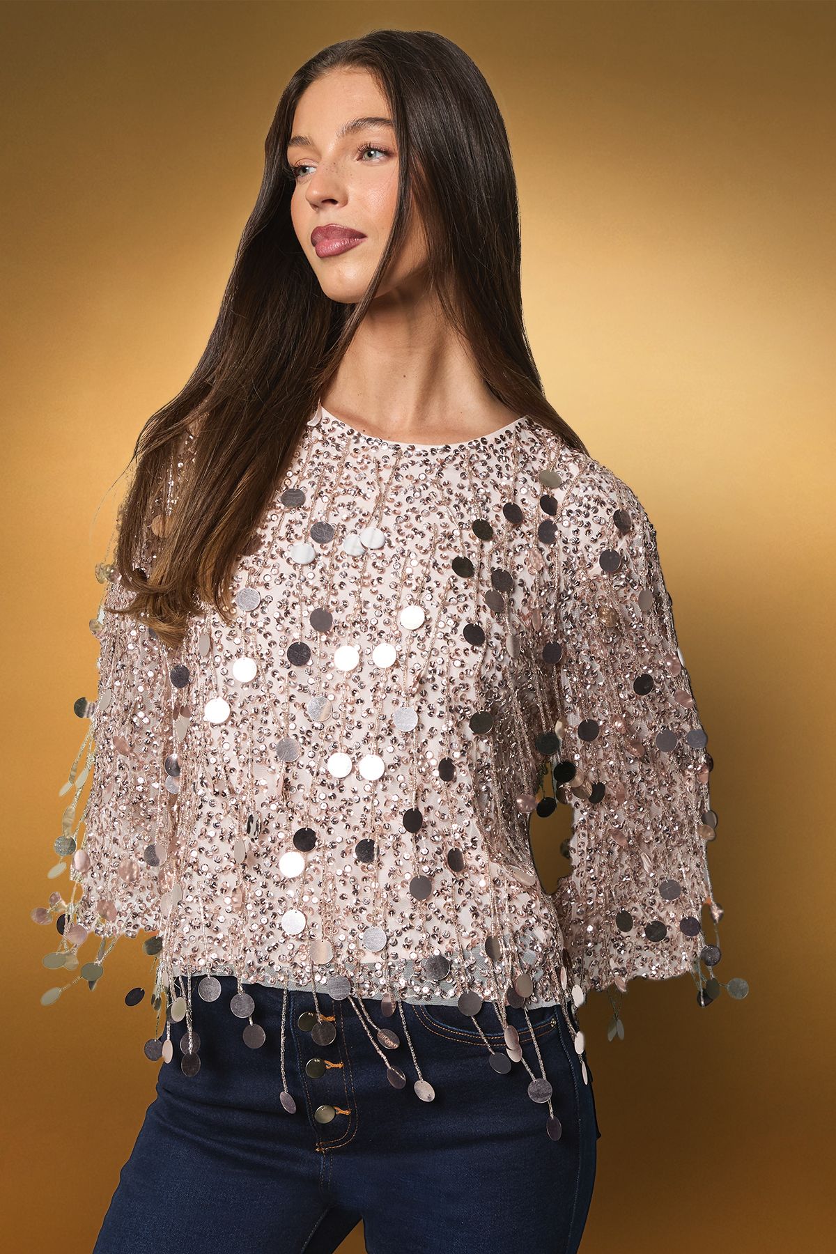Coast Sequin Fringe Long Sleeve Party Top Blush image 2