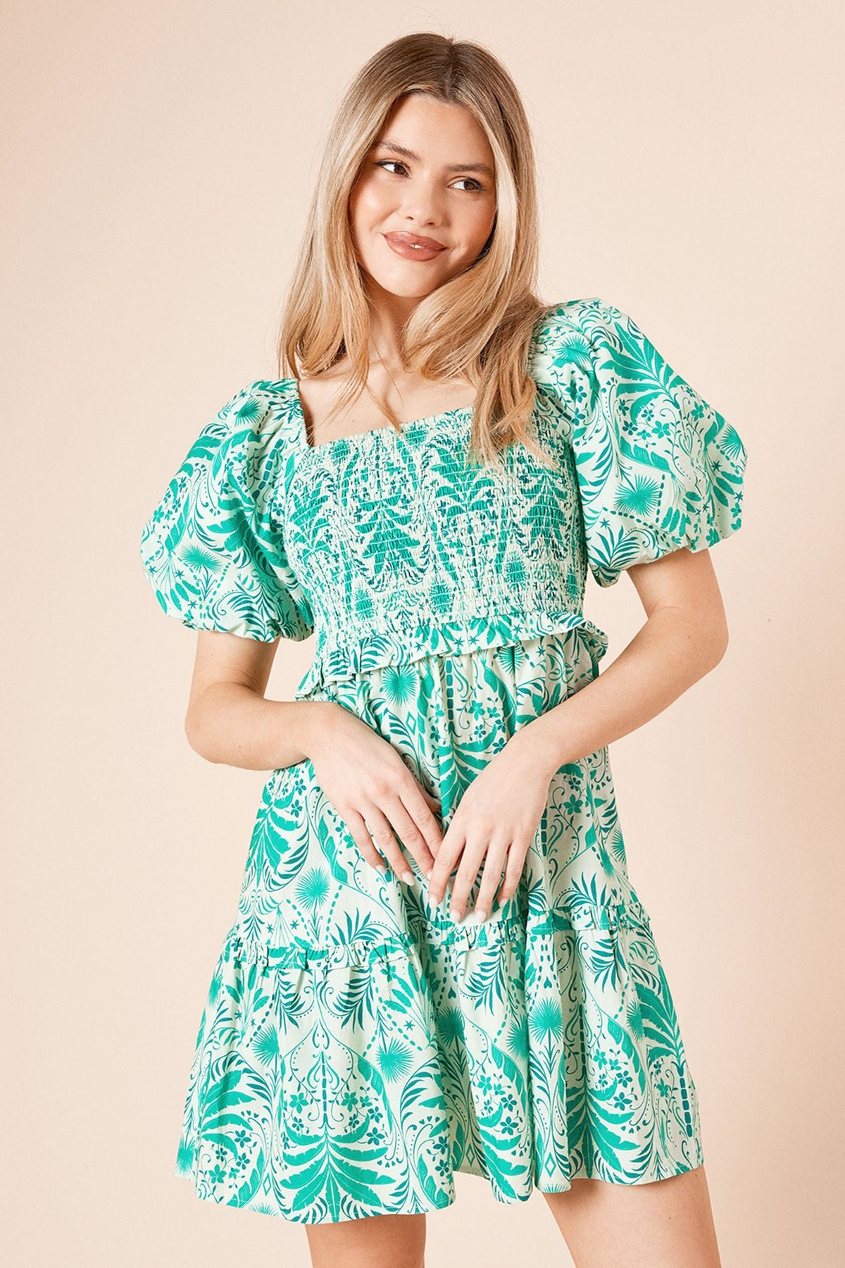 Dorothy Perkins Green Palm Shirred Bodice Mini Dress Green image 2