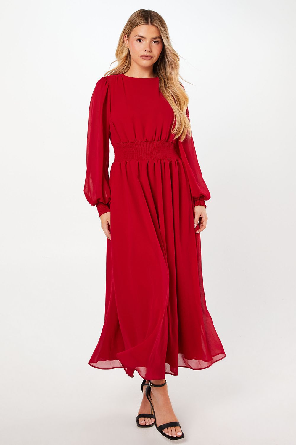 Dorothy Perkins Chiffon Shirred Waist Midi Dress Dark Red image 2