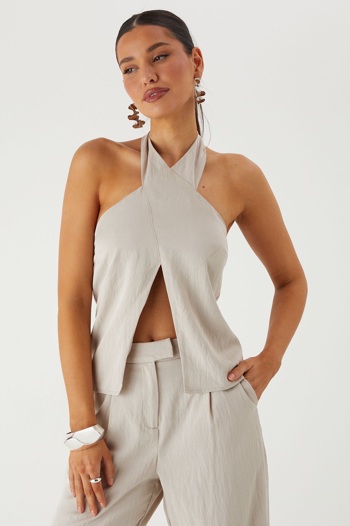 MissPap Twill Cross Over Halterneck Top Stone image 1