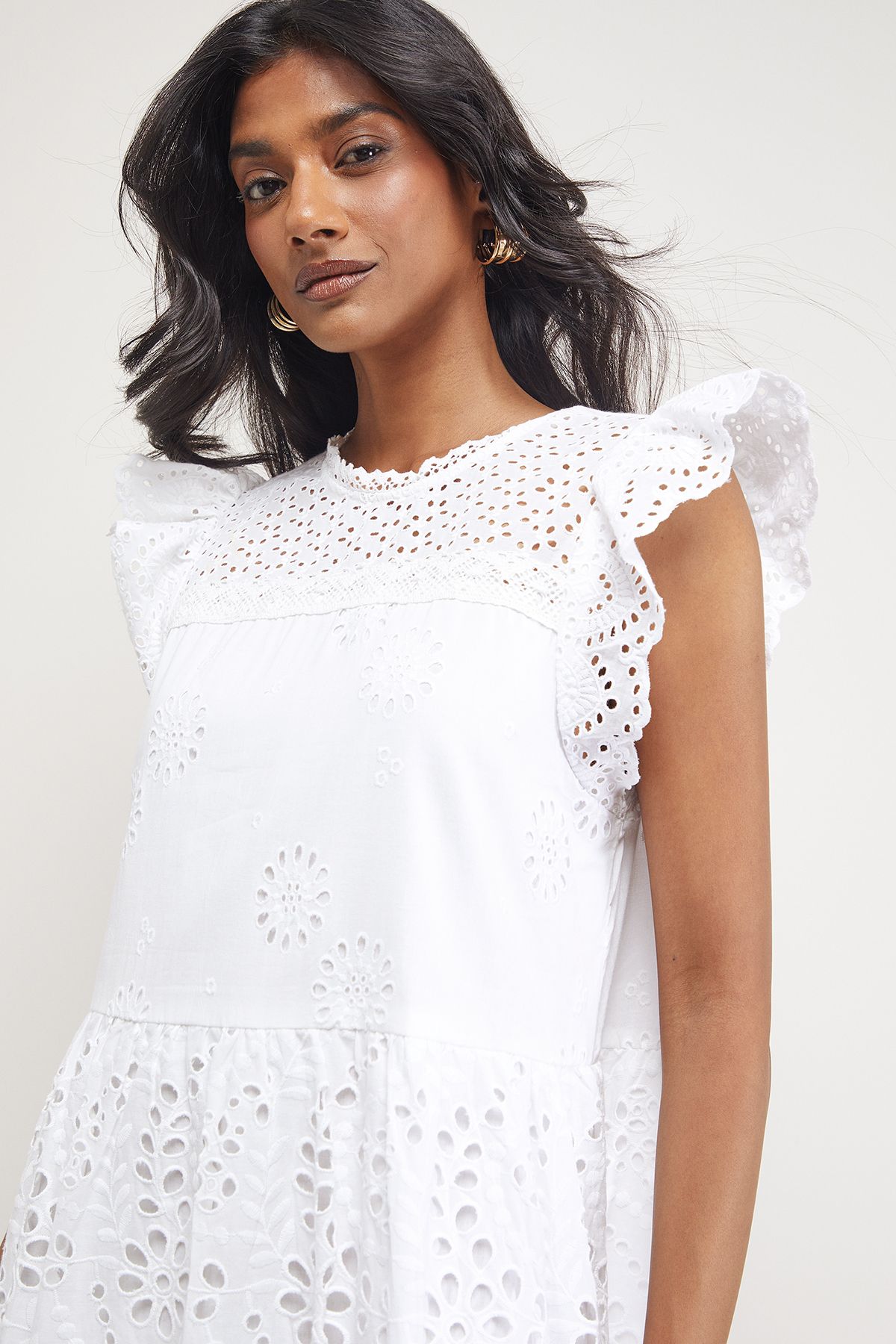 Warehouse Petite Broderie Mix Tiered Midi Dress White image 2