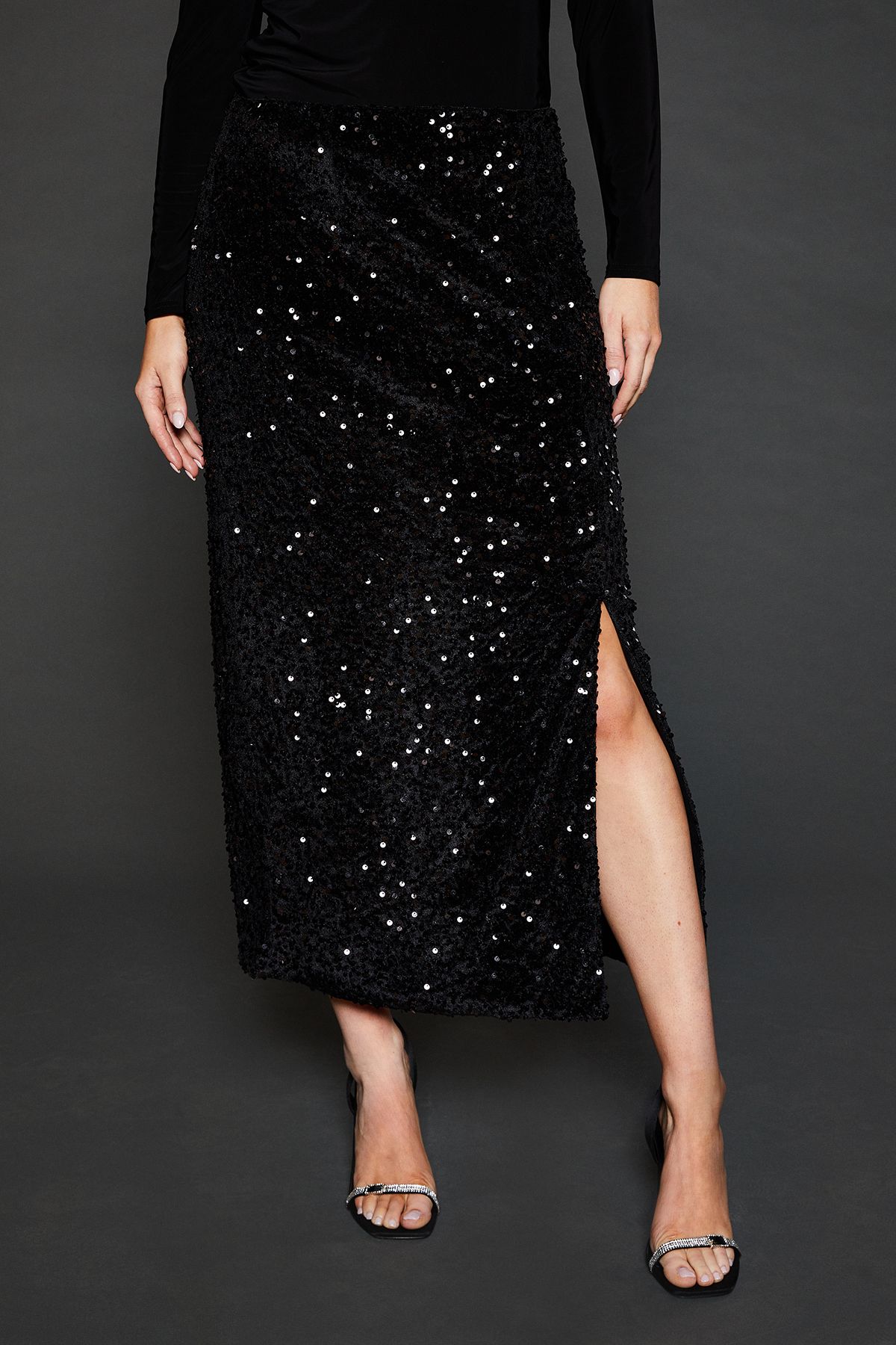 Dorothy Perkins Velvet Sequin Midi Skirt Black