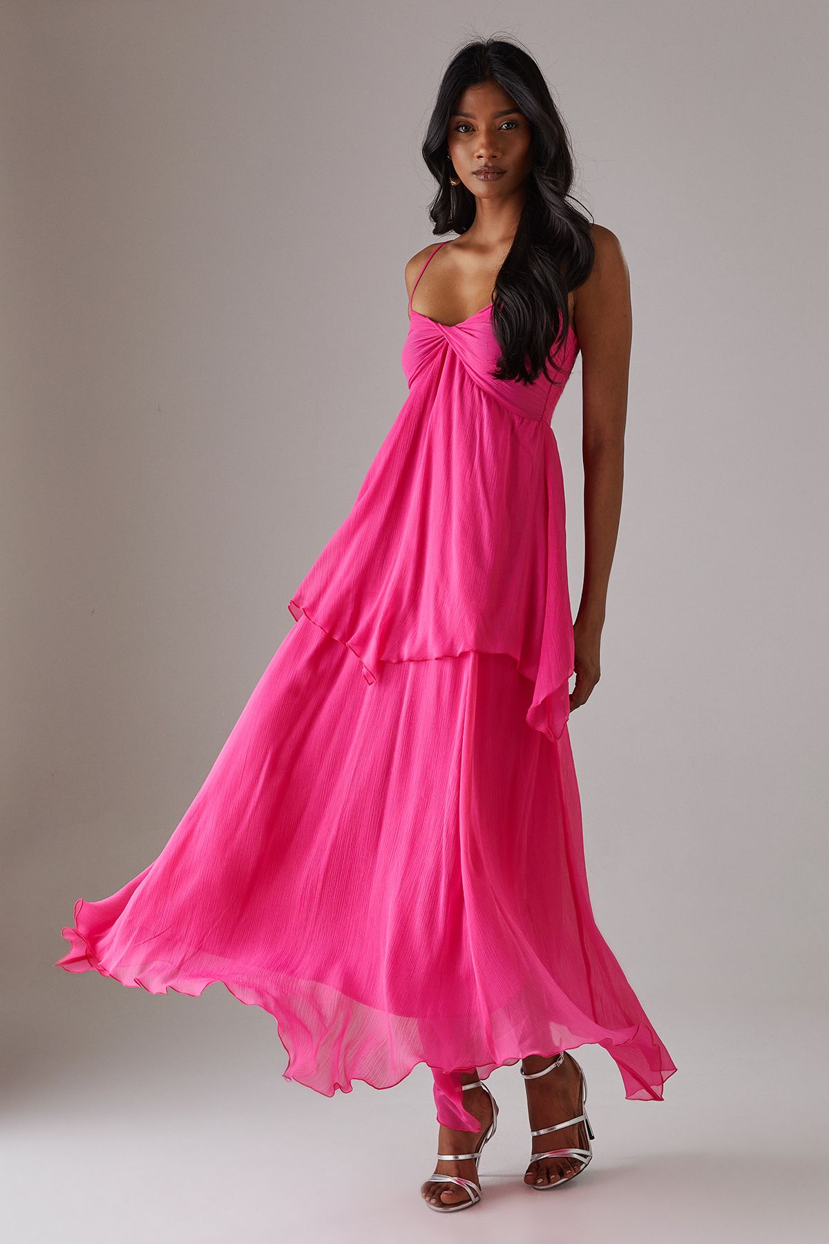 Warehouse Chiffon Asymmetric Double Layer Bandeau Maxi Dress Bright Pink image 1