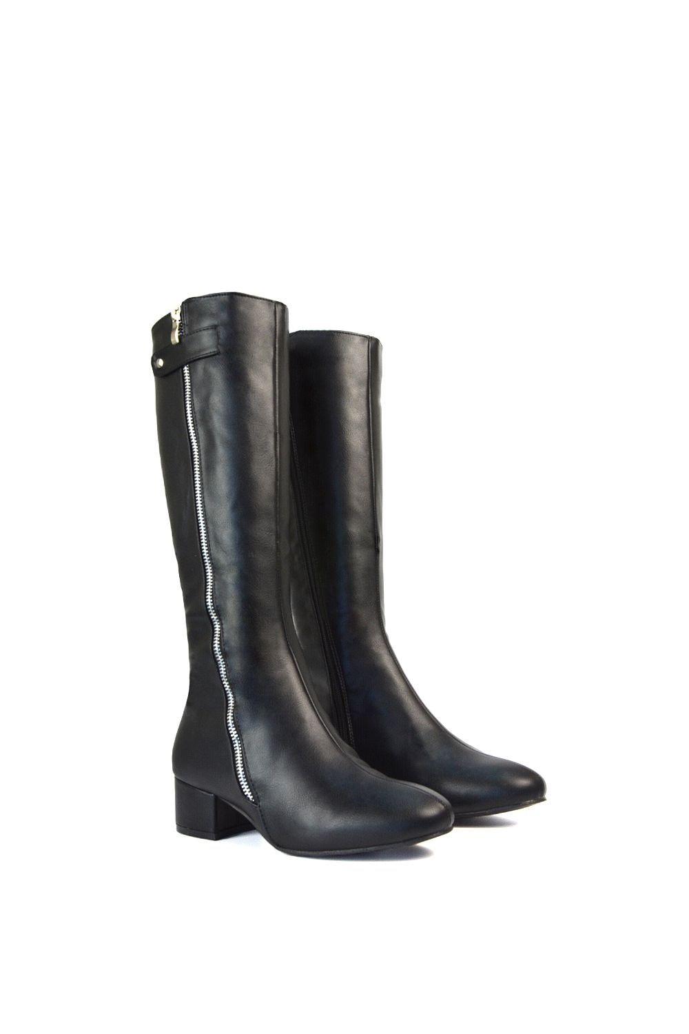 XY London 'Darcy' Low Block Heel Knee High Long Boots With Decorative Zip image 4