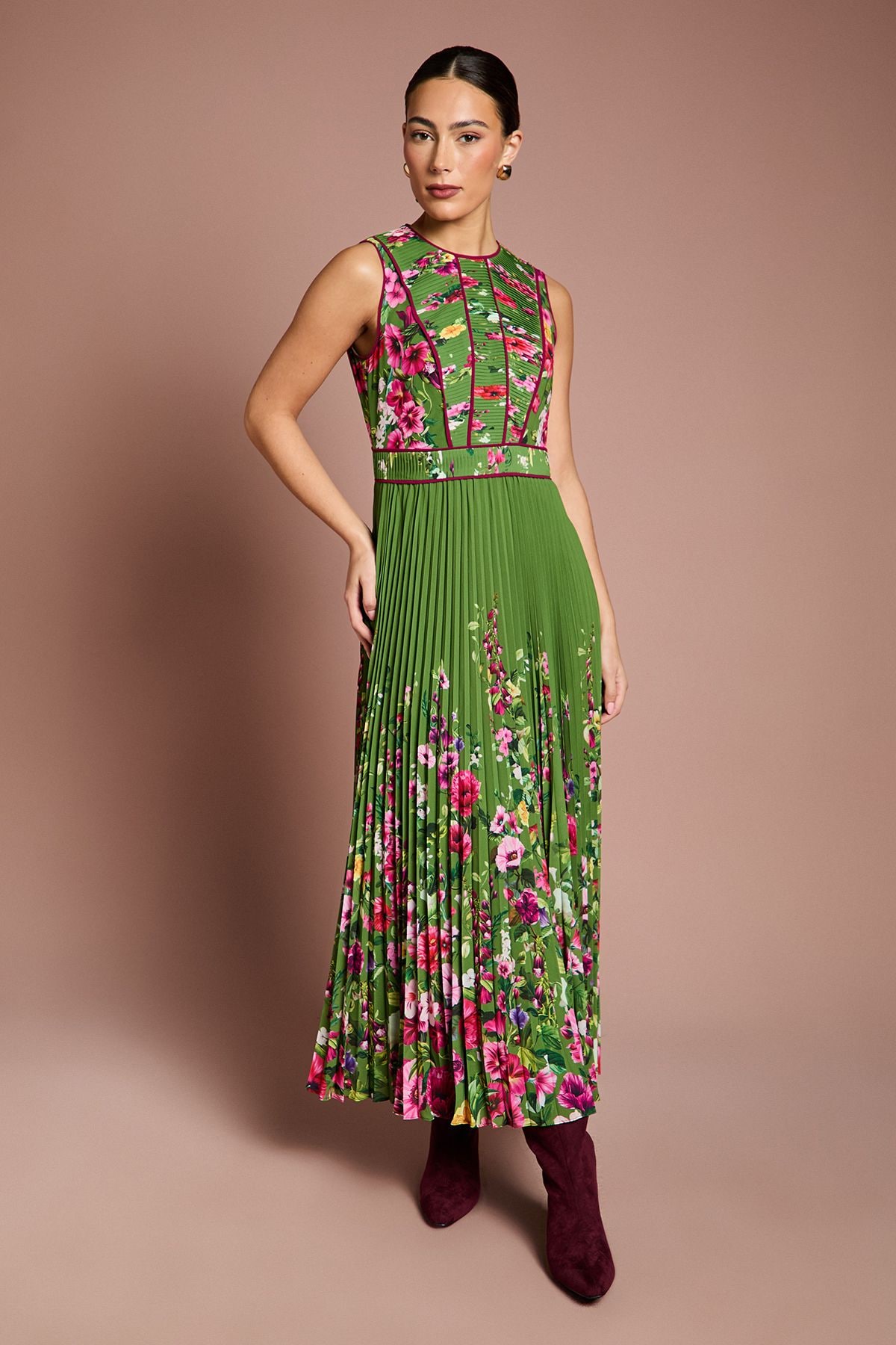 Coast Lisa Tan Pleated Piped Bodice Printed Midi Dress Green image 4