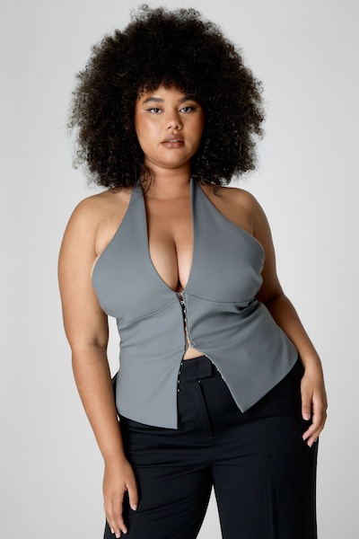 NastyGal Plus Halter Lace Back Waistcoat Charcoal