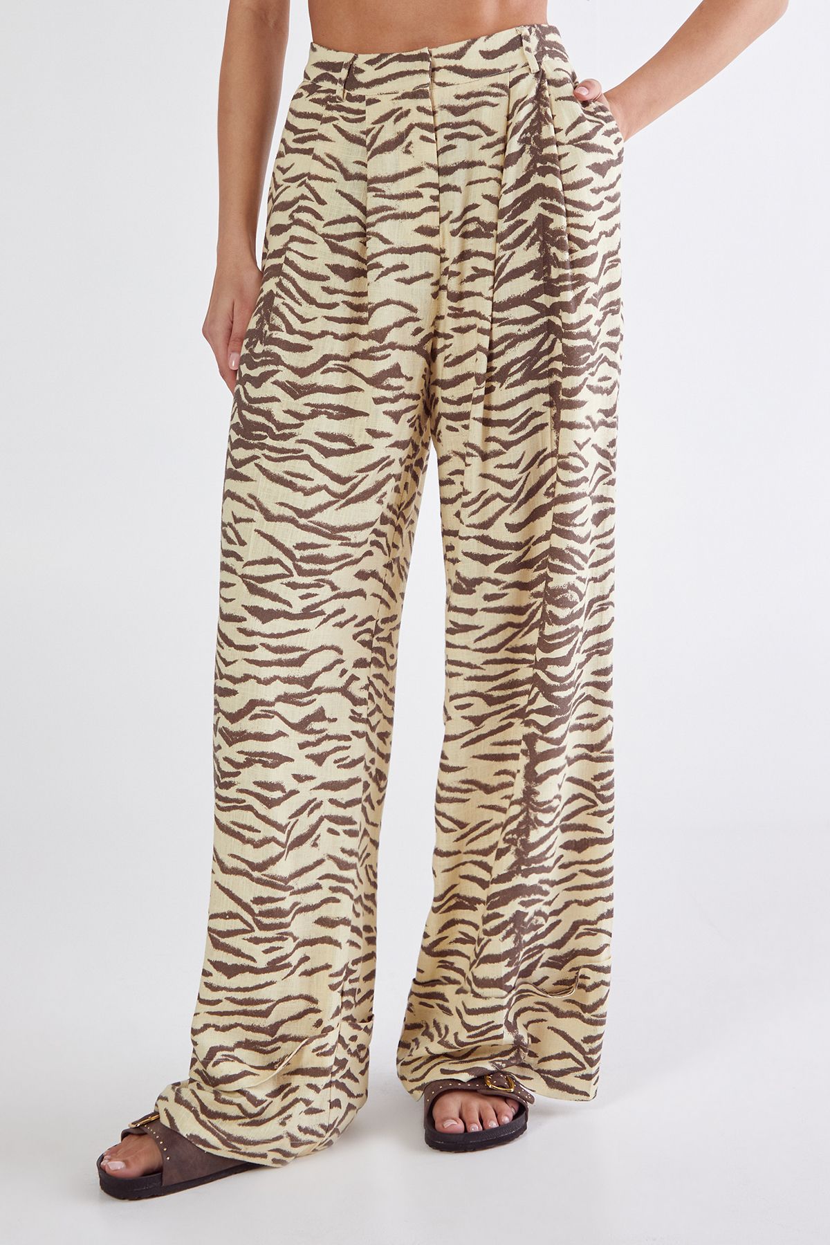 NastyGal Zebra Print Linen Tailored Trousers Butter image 1