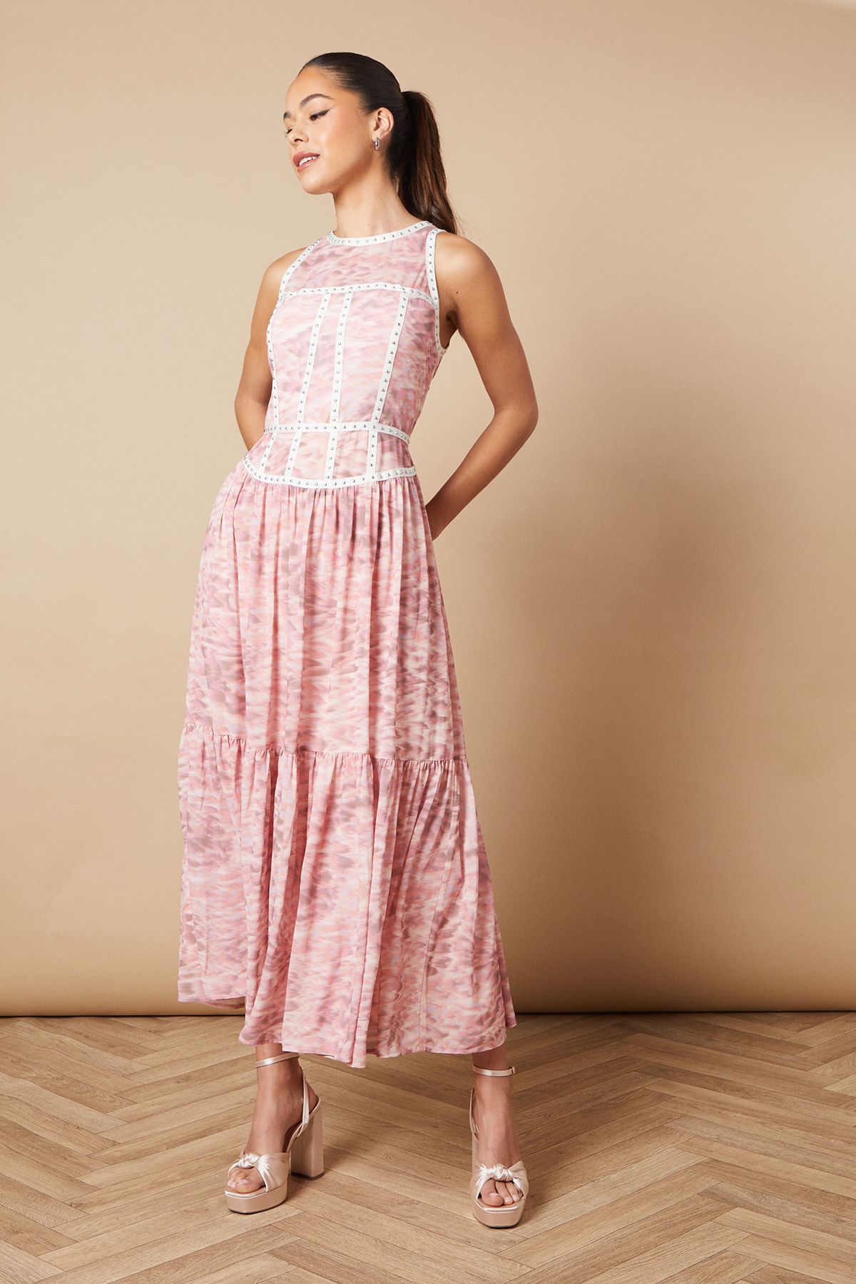 Oasis Printed Stud Embellished Trim Maxi Dress Multi image 2