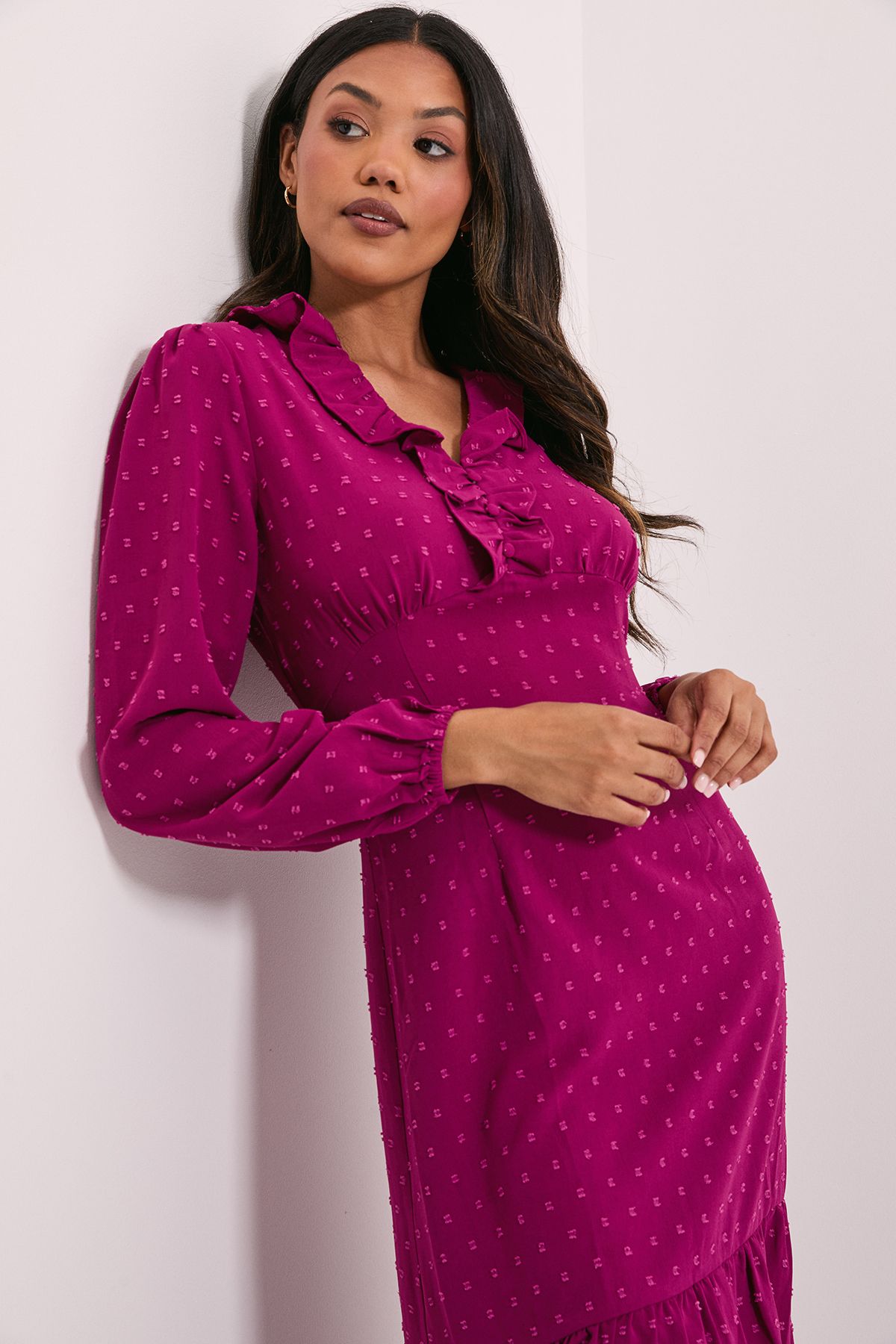 Dorothy Perkins Frill Sleeve Ruched Bodice Chiffon Midi Dress Berry image 2